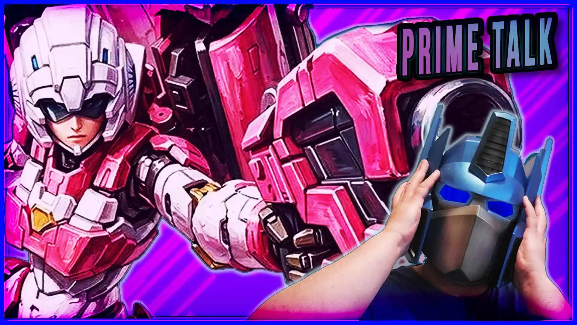 Futuristic MP Arcee toy with Lucky Cat figure in vibrant setting.