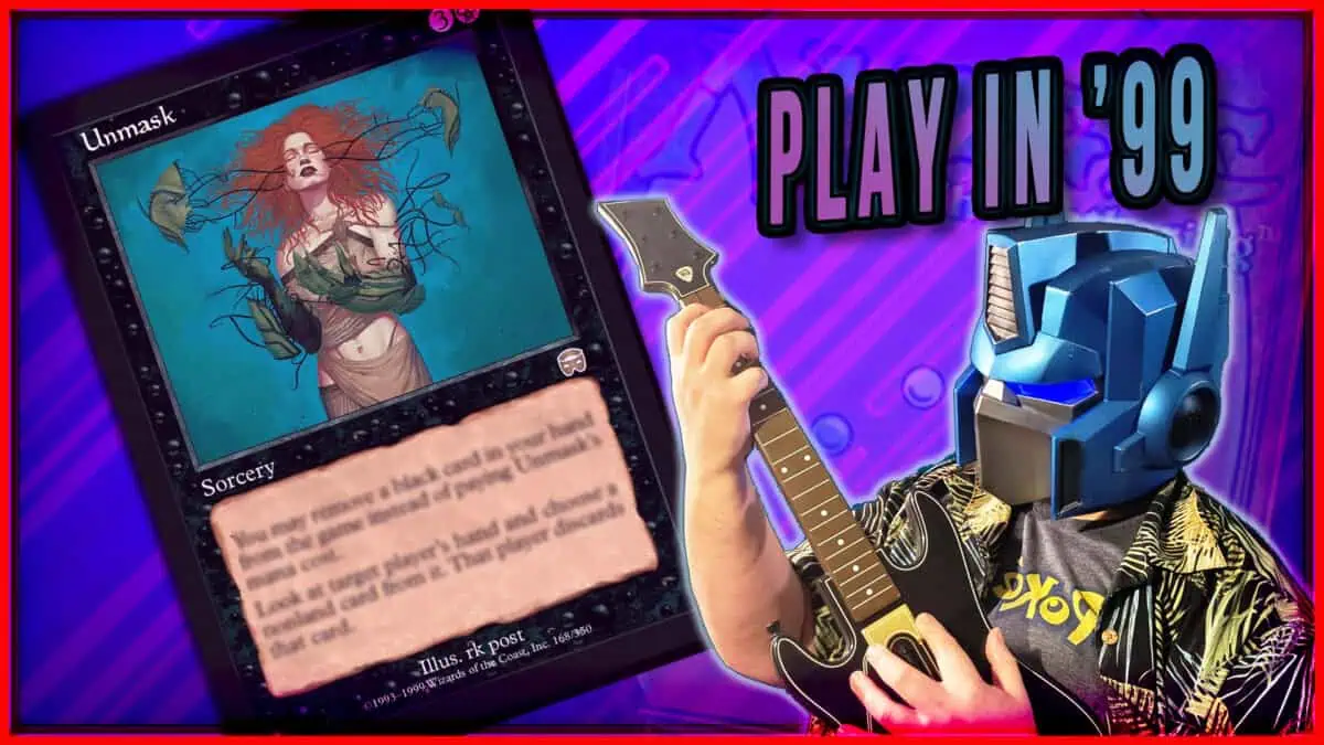 Person wearing a robot mask playing guitar with a Sorcery card from Magic: The Gathering.