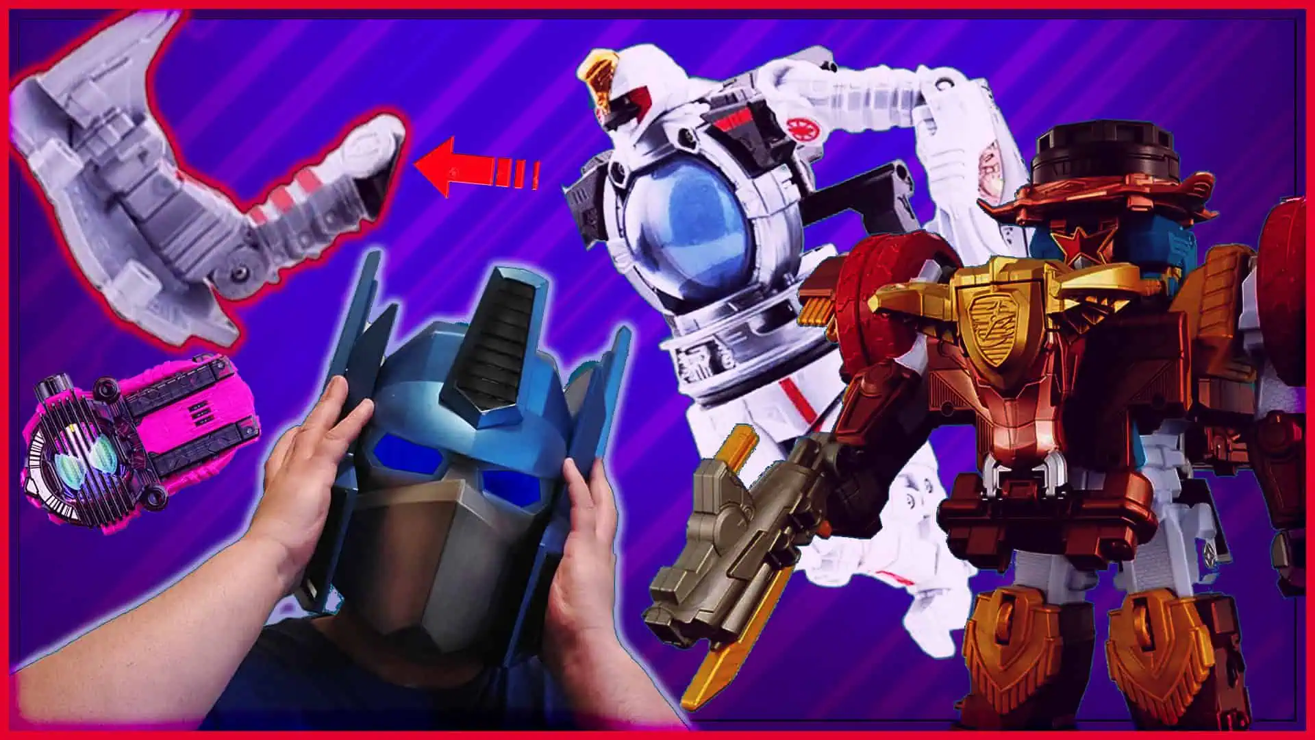 Detailed view of a robotic mecha toy with a child holding a robot helmet.