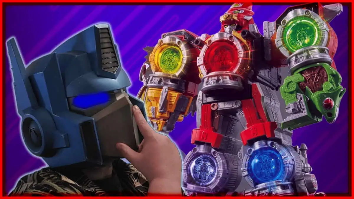 Robot Power Ranger action figure with glowing orbs and a person wearing a robot helmet. Robot Power Ranger action figure with glowing orbs and a person wearing a robot helmet.