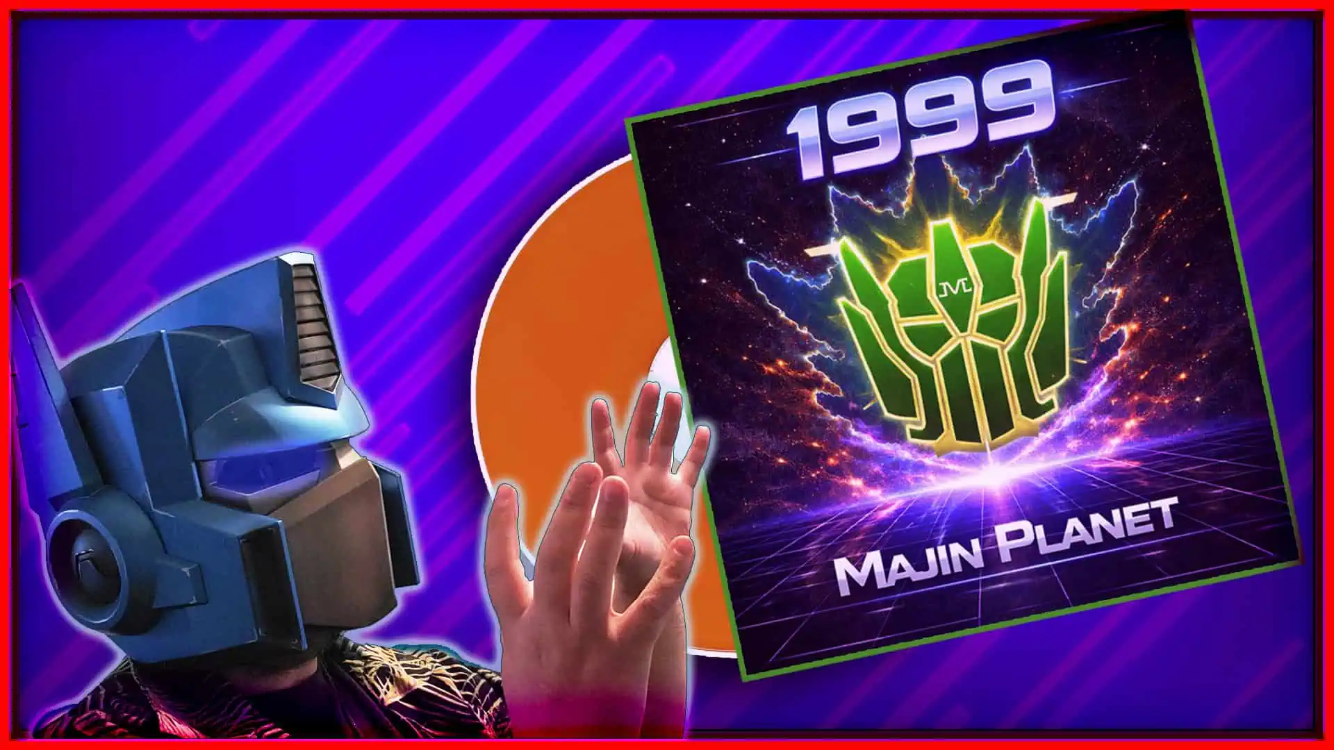 Futuristic robot with a blue helmet and hand gesture, featuring a 1993 album cover for Majin Planet.