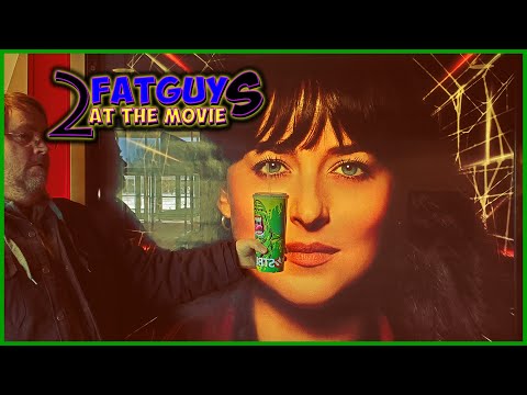 Promotional poster for Fat Guys at the Movie featuring a woman and a man with a green background.